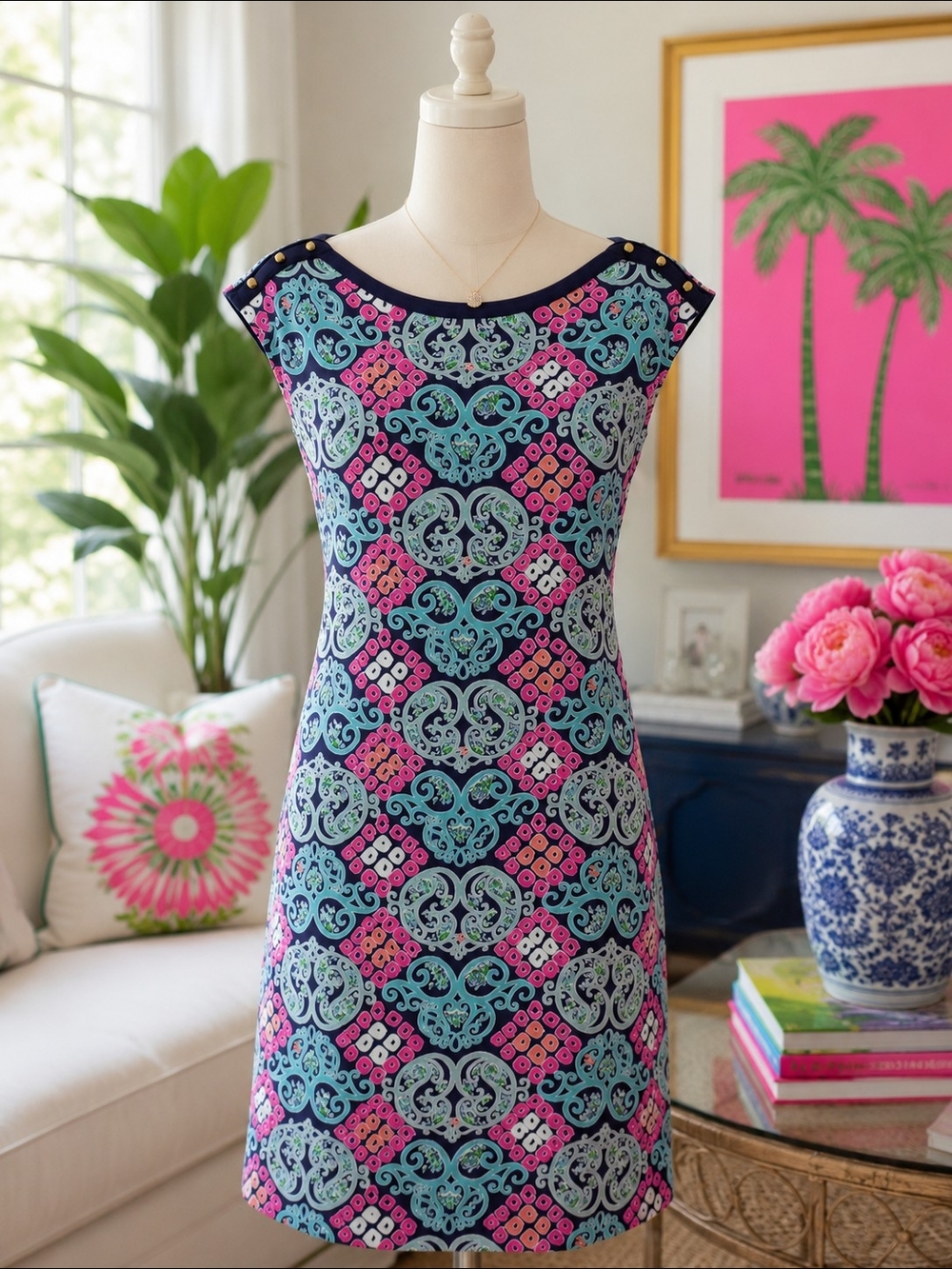 Lilly Pulitzer Navy Pink Aqua Geometric Print Midi Dress